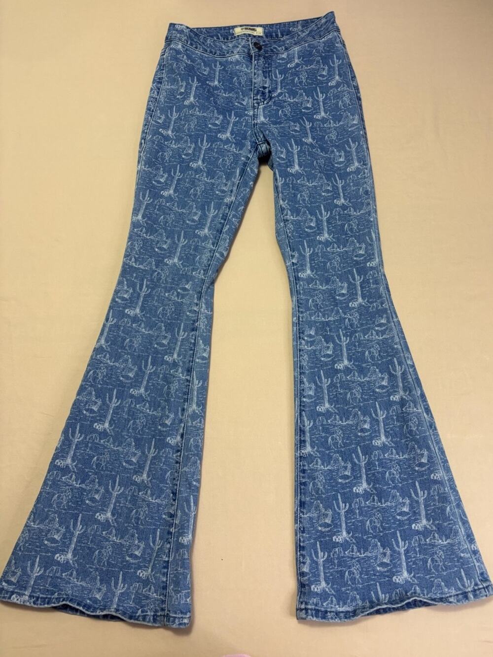 Rock & Roll Denim Women's Blue Western Cactus Print Flare Jeans Size 27 x 32
